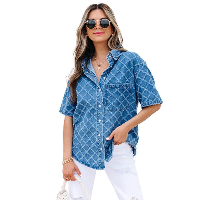 New Plaid Printed Denim Shirt For Women
