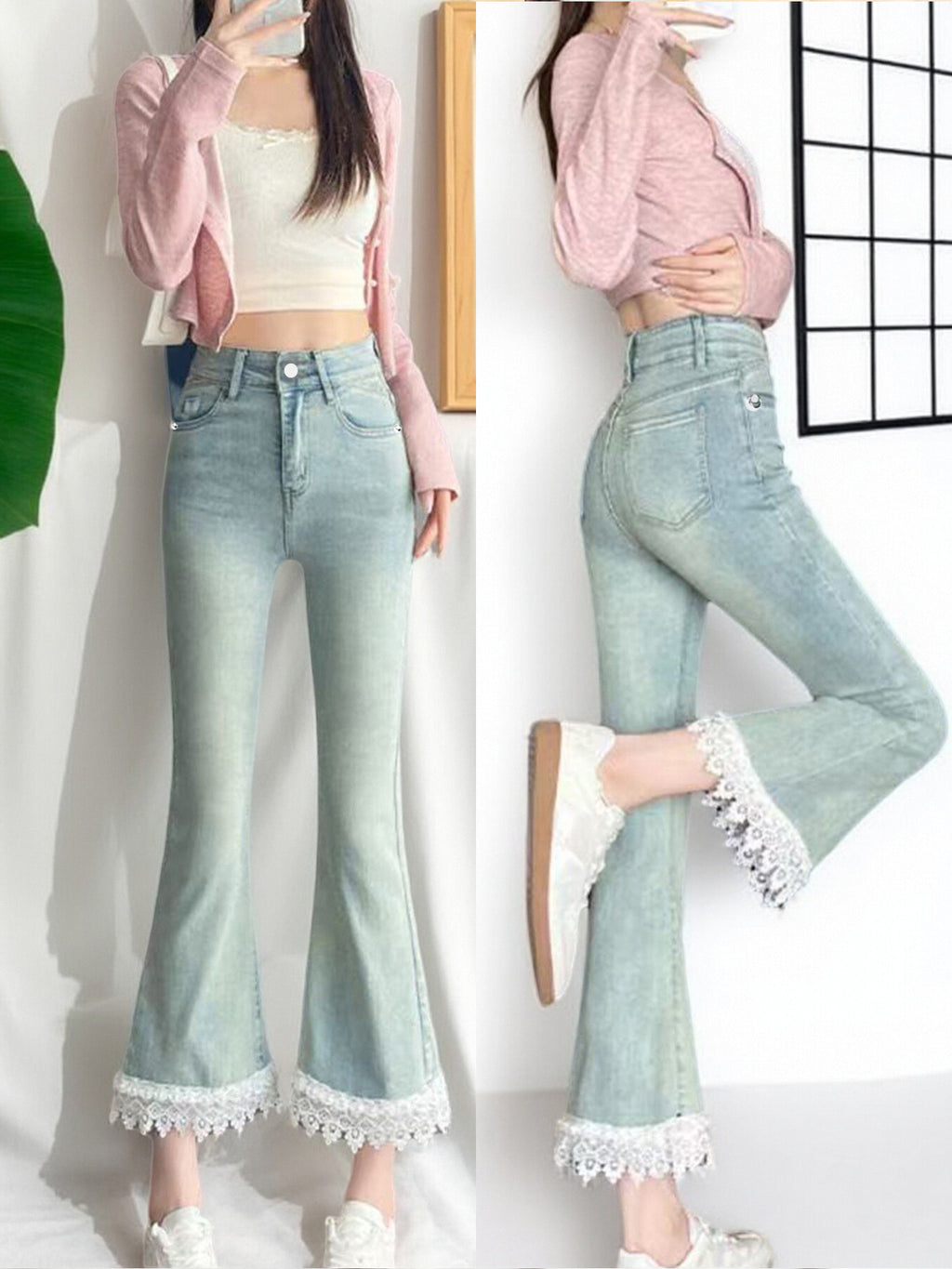 Women’s Cropped Flared Jeans – Light Blue Lace-Up Elastic Waist Casual Denim Pants