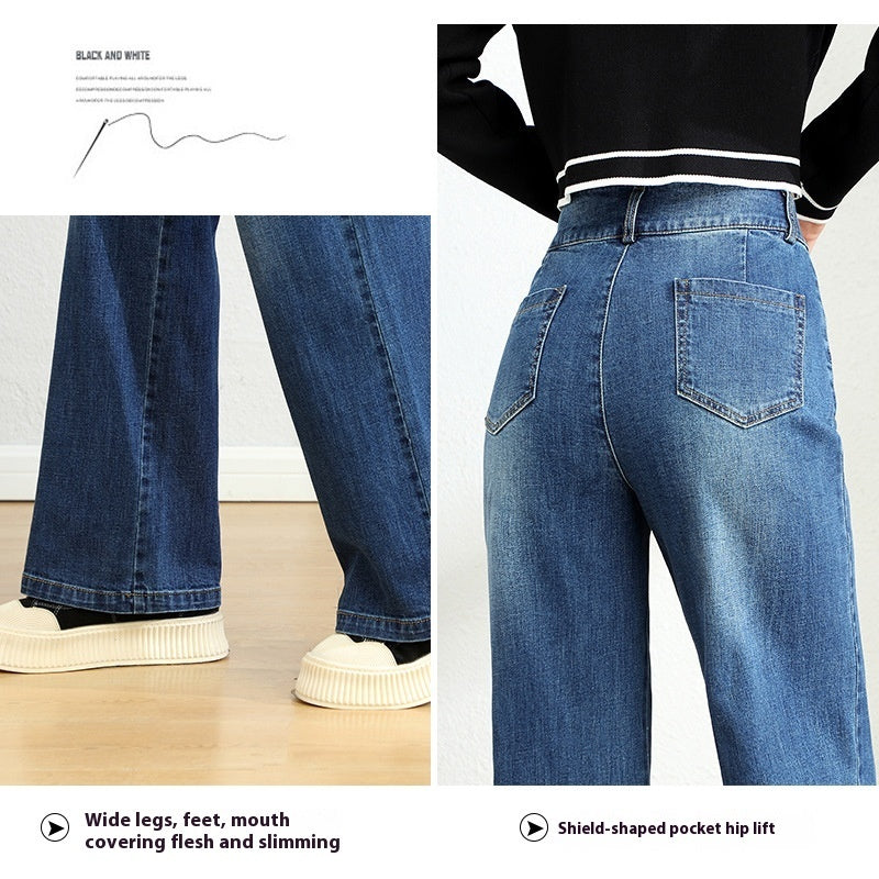 Women’s High Waist Straight Wide Leg Jeans – Stretch Slim Fit Washed Denim Pants