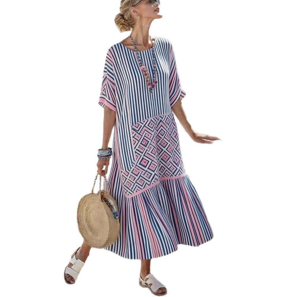 Women’s Digital Print Maxi Dress – Elegant Pleated Flared Casual Dress