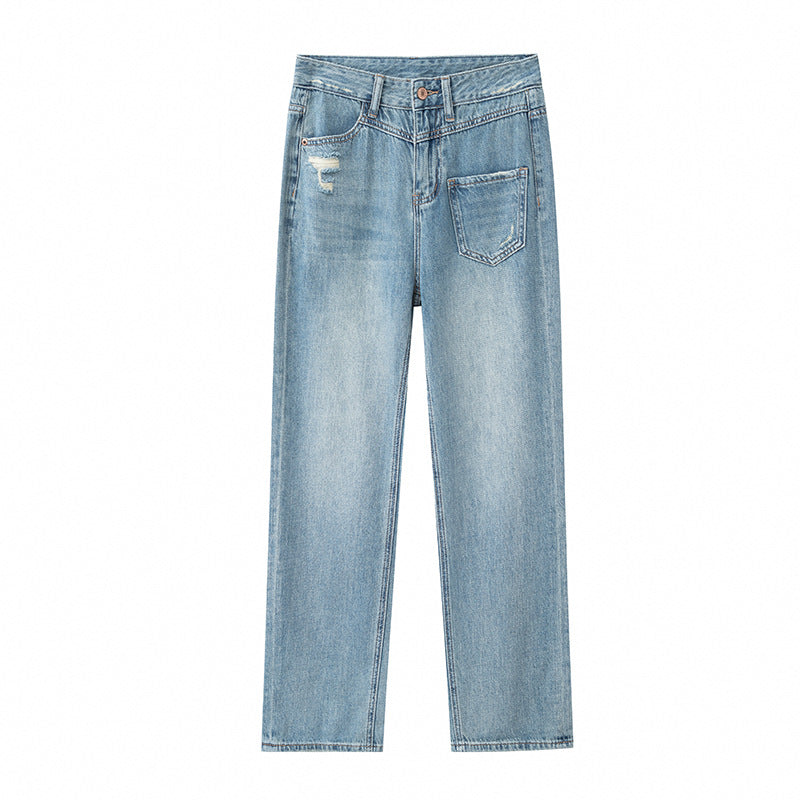 Women’s Irregular Straight Jeans – High Waist Blue Cotton Denim Fashion Pants