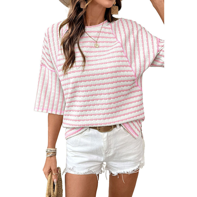 Women’s Striped Crew-Neck Loose Fit Three-Quarter Sleeve T-Shirt