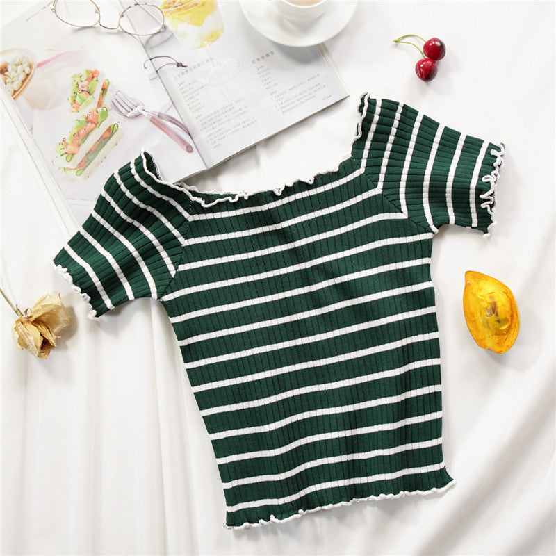 Women’s Off Shoulder Striped Knit Top – Slim Fit Flounce Hem T-Shirt