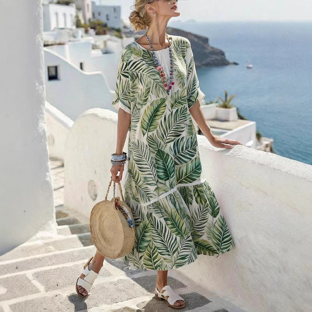 Women’s Digital Print Maxi Dress – Elegant Pleated Flared Casual Dress