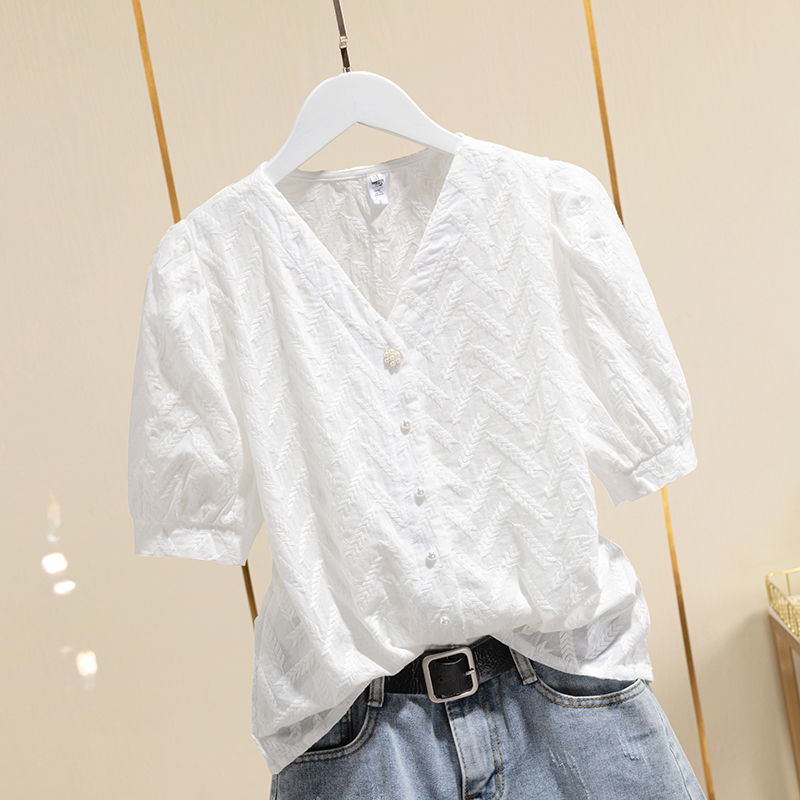 Women’s Cotton Puff Sleeve Shirt – Embroidered White Korean Style Blouse
