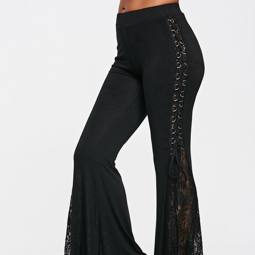 Women’s Black Flared Pants with Lace Detail – Elegant High-Waist Trousers for Chic Outfits