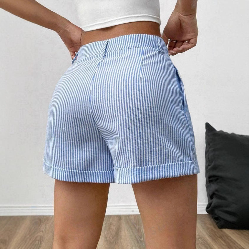 Women’s Striped Pocket Shorts – Low-Waist Casual Style