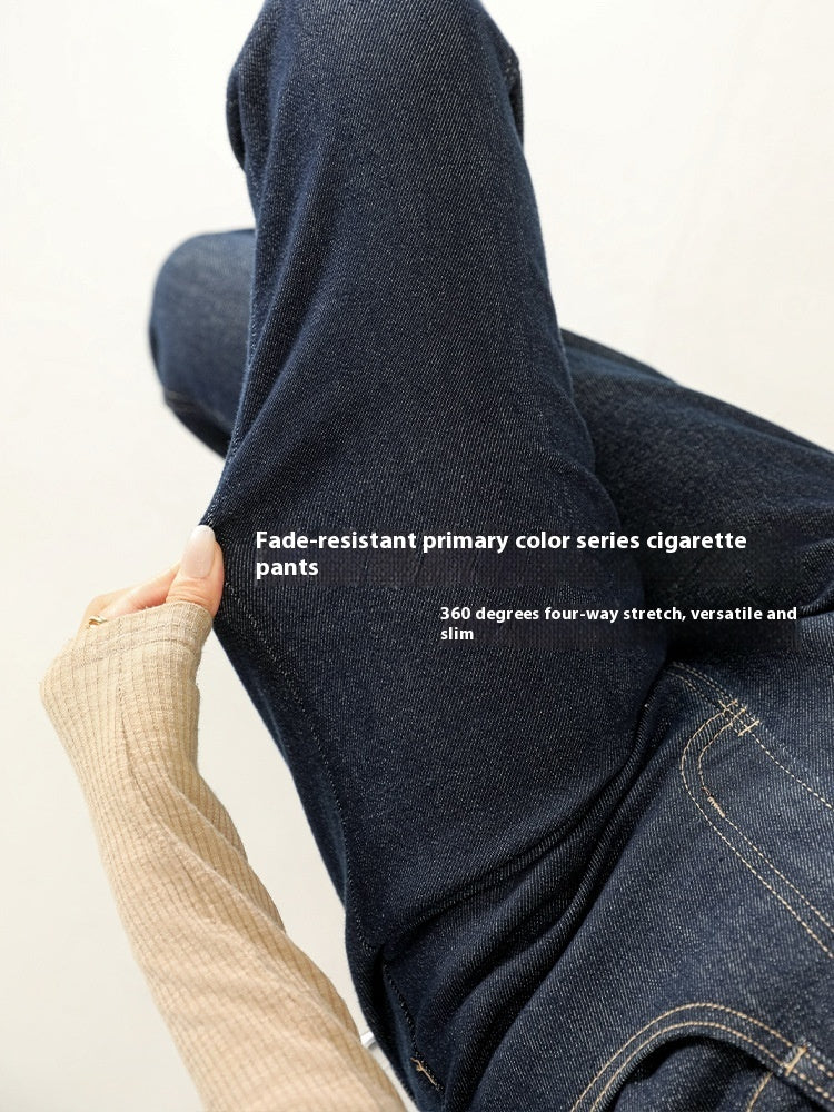 Women’s Cropped Straight Jeans – Fade-Resistant Blue Cotton Denim Casual Pants