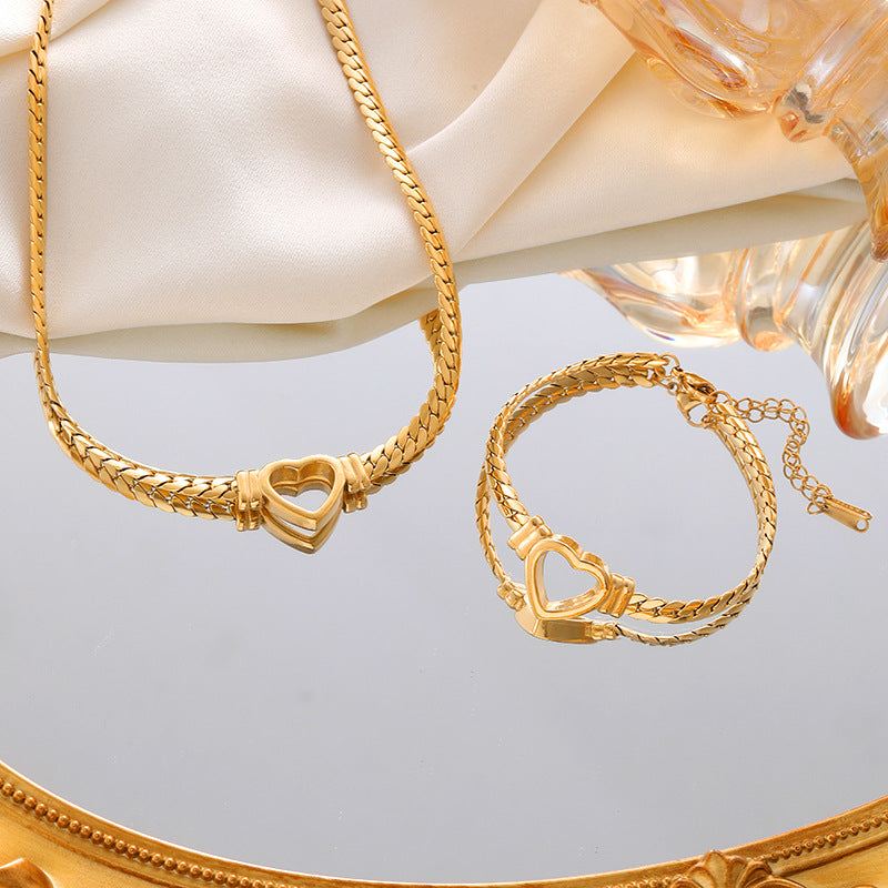 Personalized Heart Chain Necklace Bracelet Set for Women – Titanium Steel Cuban Chain Jewelry