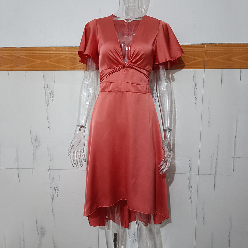 Women’s Lace-Up Asymmetrical Dress – Elegant Solid Color Mid-Length Fit