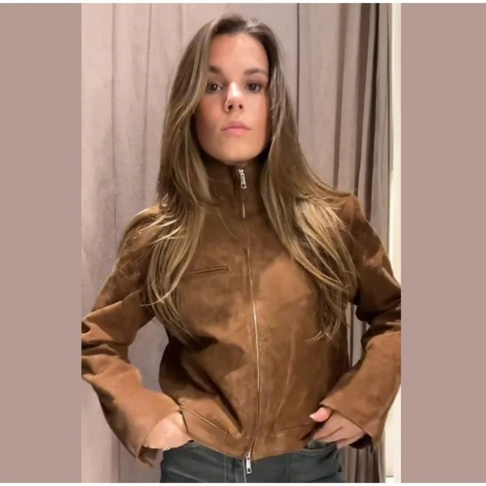 Women’s Cropped Suede Jacket – Brown Zip Up Stand Collar Spring Coat