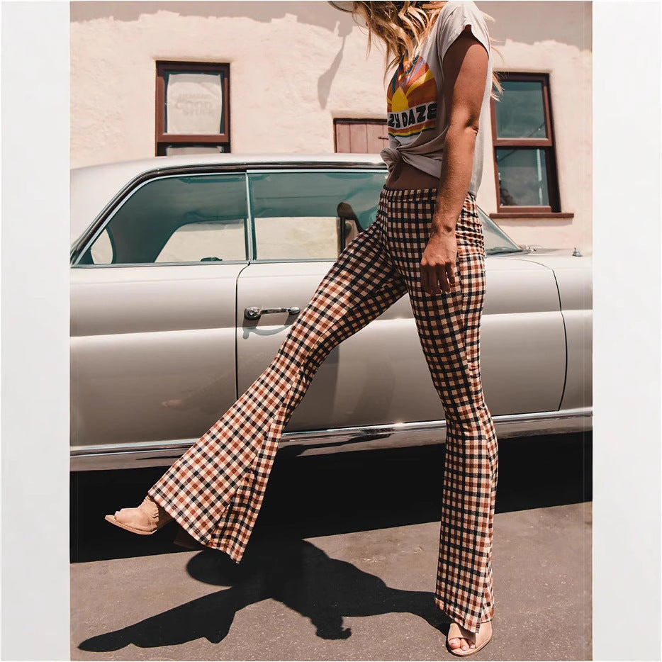 Womens Flare Pants High-Waisted Slim-Fit Trousers Printed Wide-Leg Pants