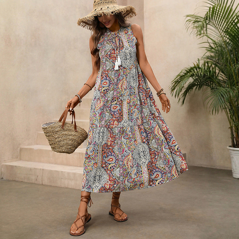 Women’s Tassel Sleeveless Dress – Retro Slim Fit Resort Midi Dress
