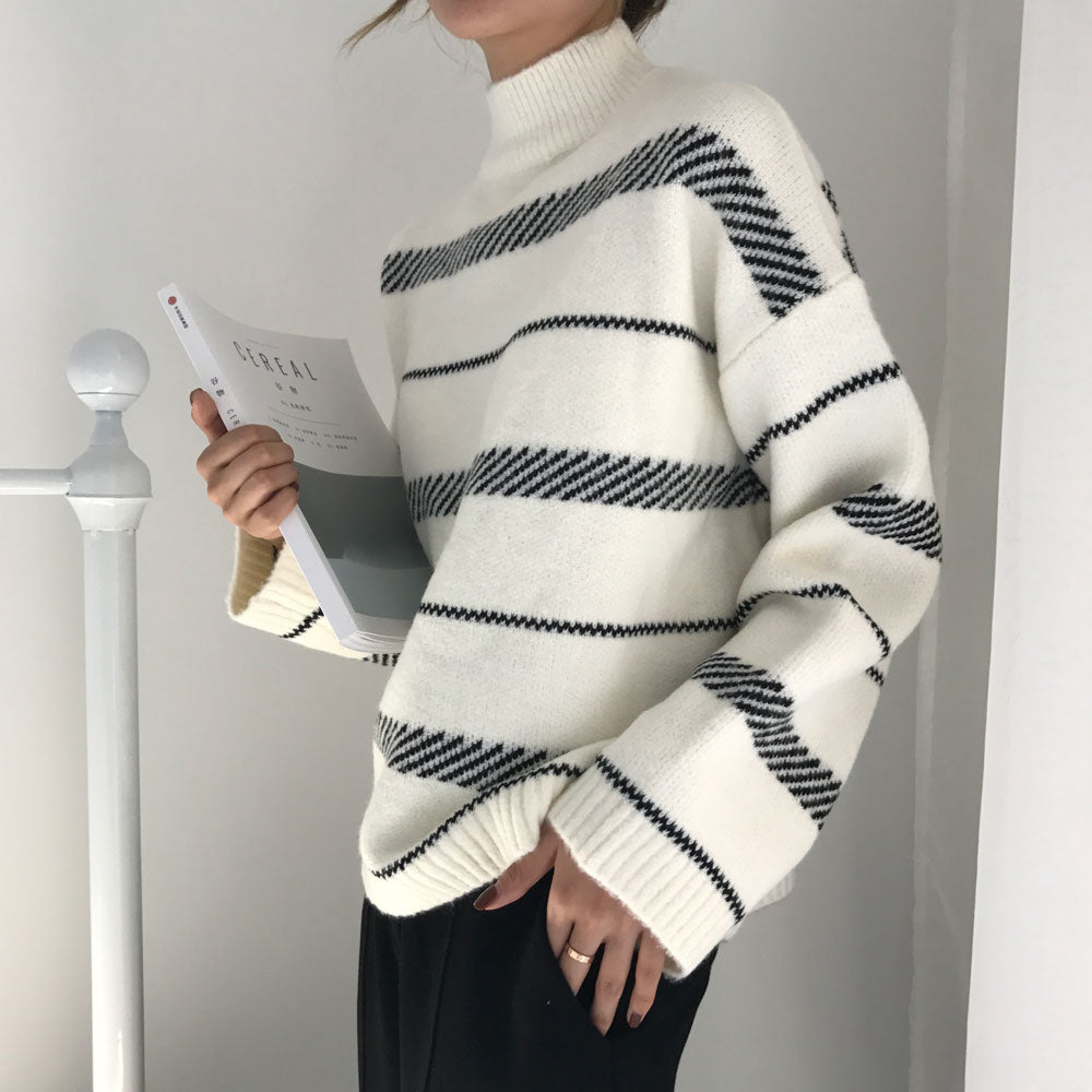 Women’s Striped Turtleneck Sweater – Soft Knit Casual Winter Pullover