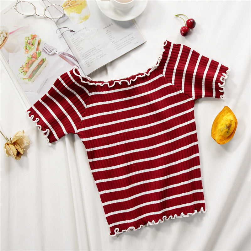 Women’s Off Shoulder Striped Knit Top – Slim Fit Flounce Hem T-Shirt
