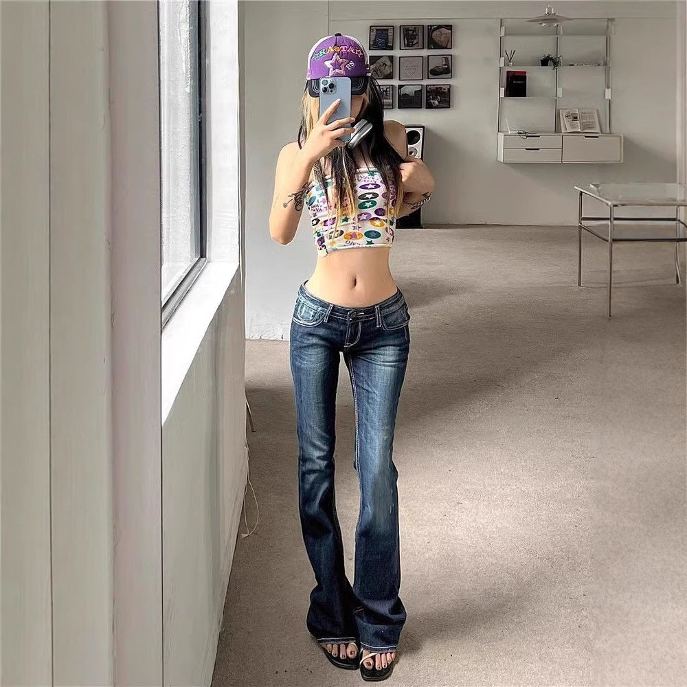 Women’s Patchwork Retro Jeans – Blue Washed Low Waist Denim Pants Casual Style