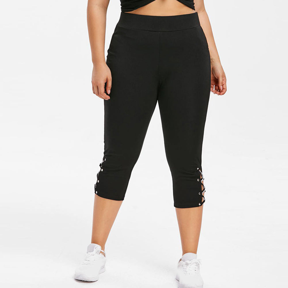 Women’s Lace-Up Beaded Leggings – Slim Fit Breathable Cotton Pants