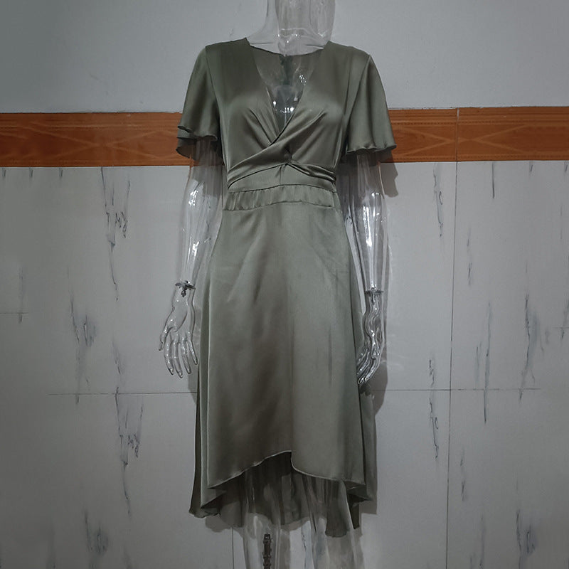 Women’s Lace-Up Asymmetrical Dress – Elegant Solid Color Mid-Length Fit