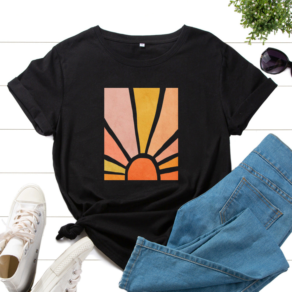 Women’s Graphic T-Shirt – Sun & Flower Cotton Casual Tee