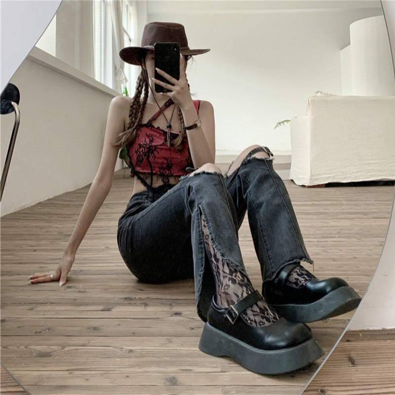 Women’s High Waist Ripped Straight Jeans – Light Gray Trendy Street Style Denim Pants