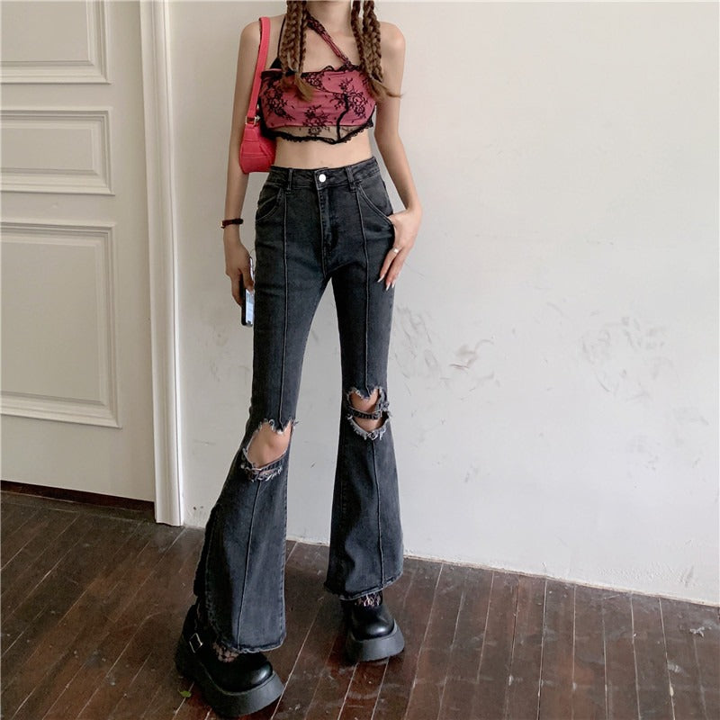 Women’s High Waist Ripped Straight Jeans – Light Gray Trendy Street Style Denim Pants