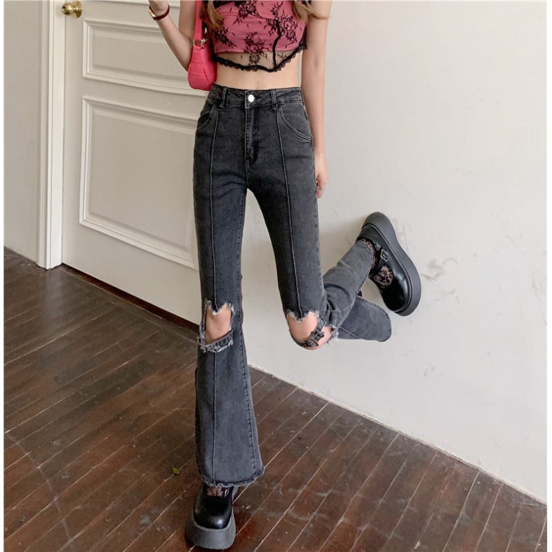 Women’s High Waist Ripped Straight Jeans – Light Gray Trendy Street Style Denim Pants