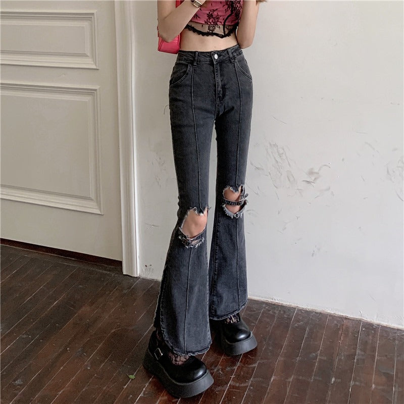 Women’s High Waist Ripped Straight Jeans – Light Gray Trendy Street Style Denim Pants