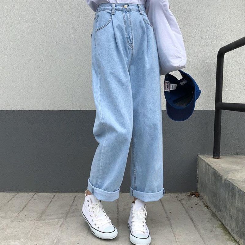 Women’s High Waist Straight Leg Jeans – Retro Loose Fit Cropped Denim Pants