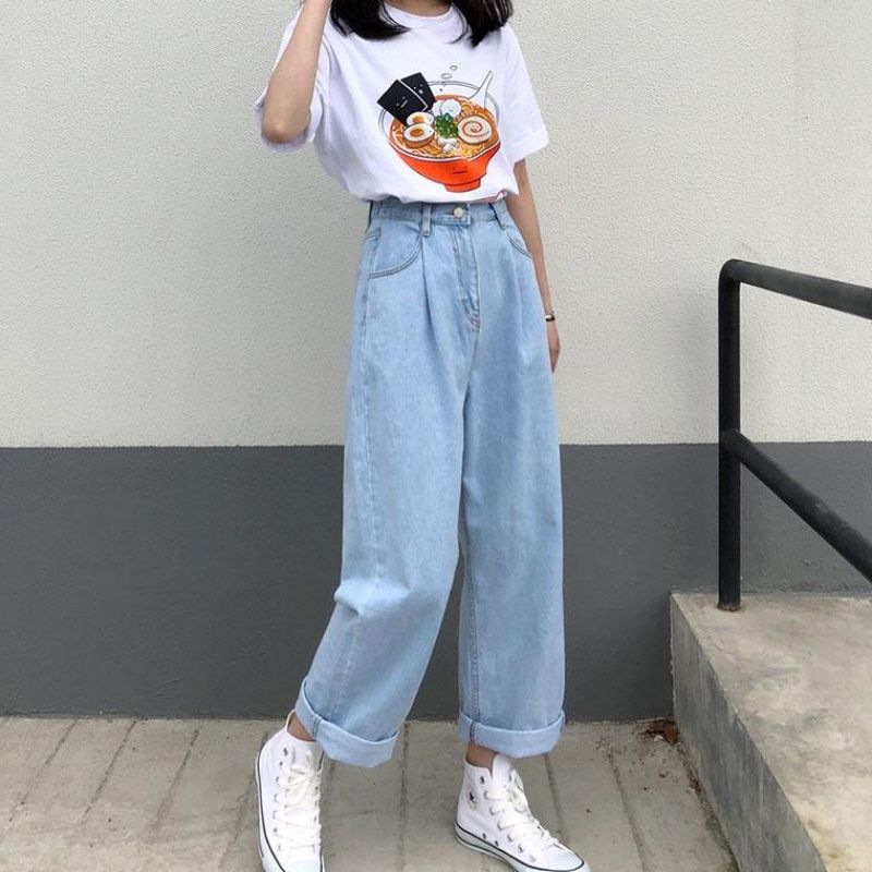 Women’s High Waist Straight Leg Jeans – Retro Loose Fit Cropped Denim Pants
