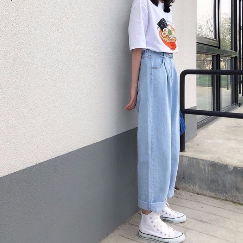 Women’s High Waist Straight Leg Jeans – Retro Loose Fit Cropped Denim Pants