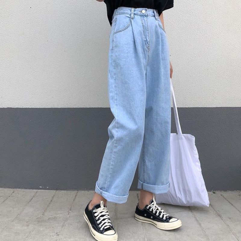 Women’s High Waist Straight Leg Jeans – Retro Loose Fit Cropped Denim Pants