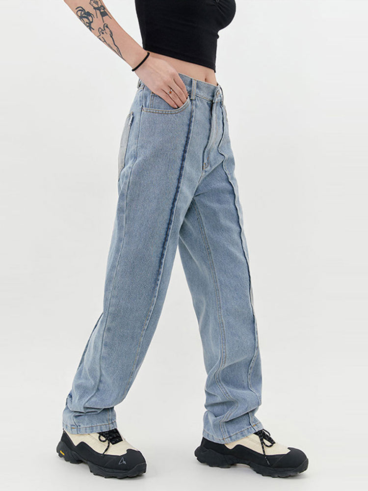 Women’s Deconstructed Straight Jeans – Cotton Denim Zipper Fly Casual Pants