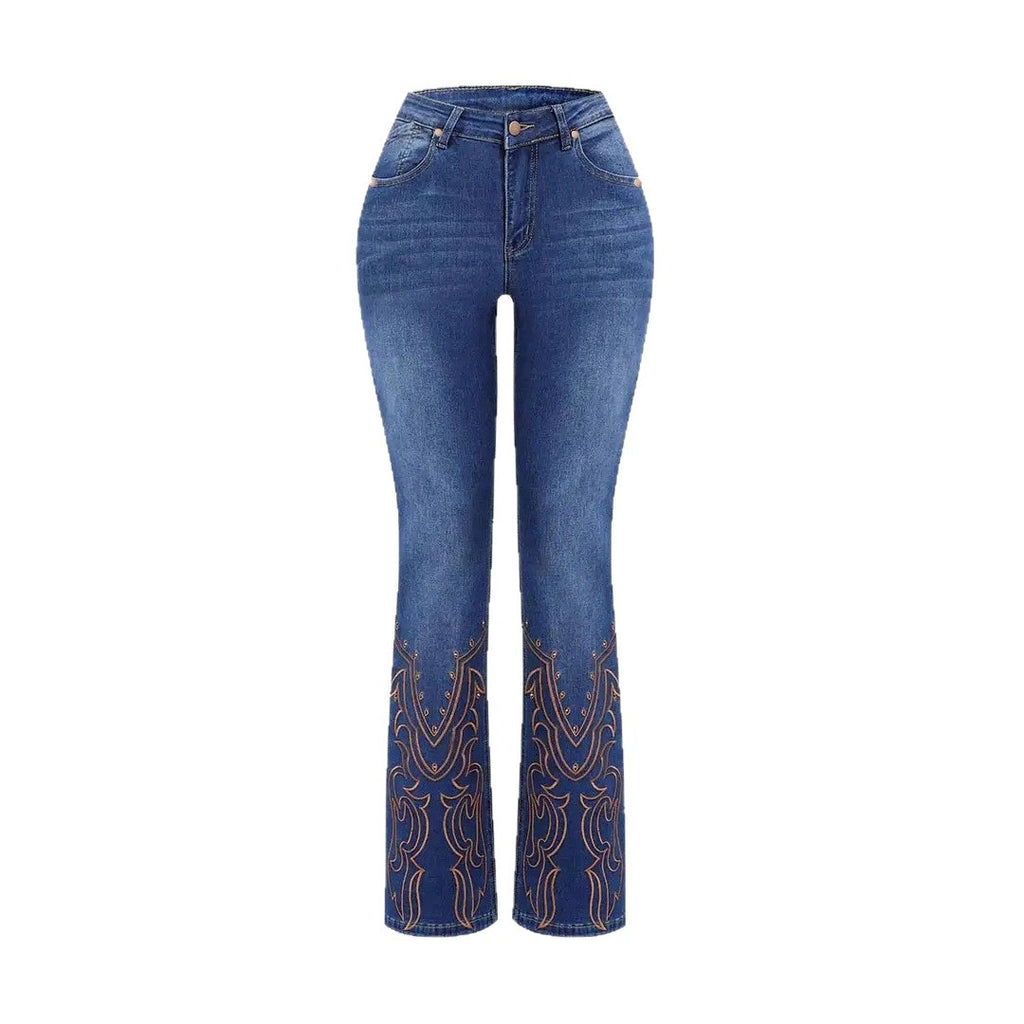 Women’s Embroidered Flared Jeans – Retro Beaded Denim