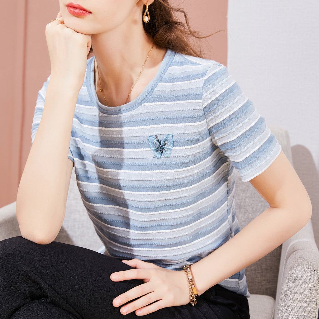 Striped Butterfly Embroidered Women's T-Shirt – Round Neck Short Sleeve Tee