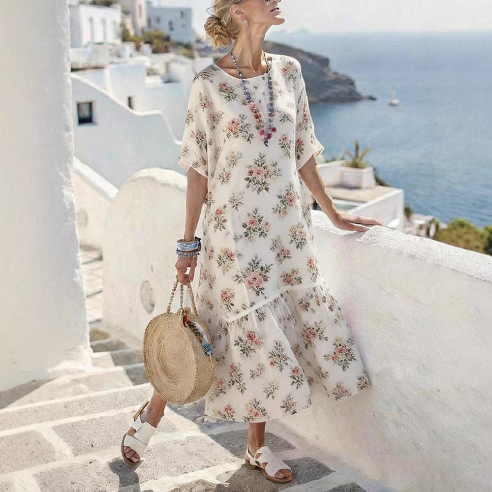 Women’s Digital Print Maxi Dress – Elegant Pleated Flared Casual Dress