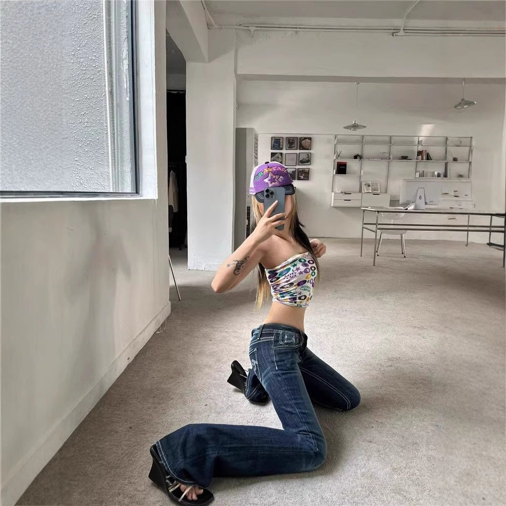 Women’s Patchwork Retro Jeans – Blue Washed Low Waist Denim Pants Casual Style