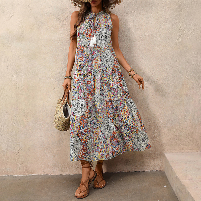 Women’s Tassel Sleeveless Dress – Retro Slim Fit Resort Midi Dress
