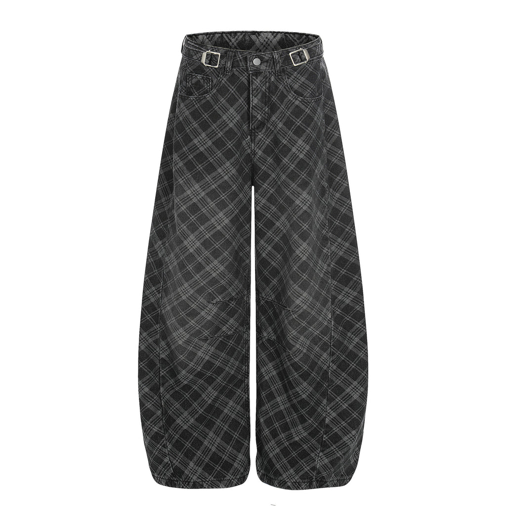 Vintage Plaid Wide-Leg Pants – Mid-Rise Washed Cotton Trousers for Retro Street Style