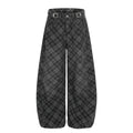 Vintage Plaid Wide-Leg Pants – Mid-Rise Washed Cotton Trousers for Retro Street Style