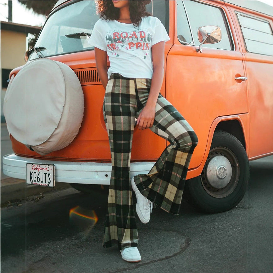 Womens Flare Pants High-Waisted Slim-Fit Trousers Printed Wide-Leg Pants