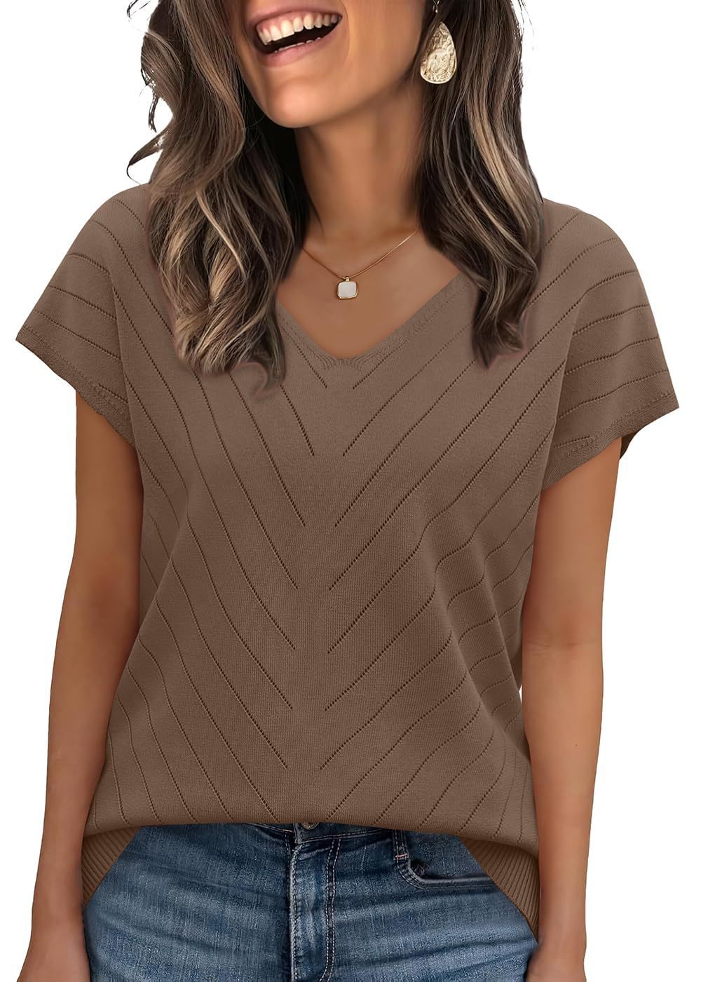 Women’s V-Neck Cutout Knit Sweater – Lightweight Elegant Pullover