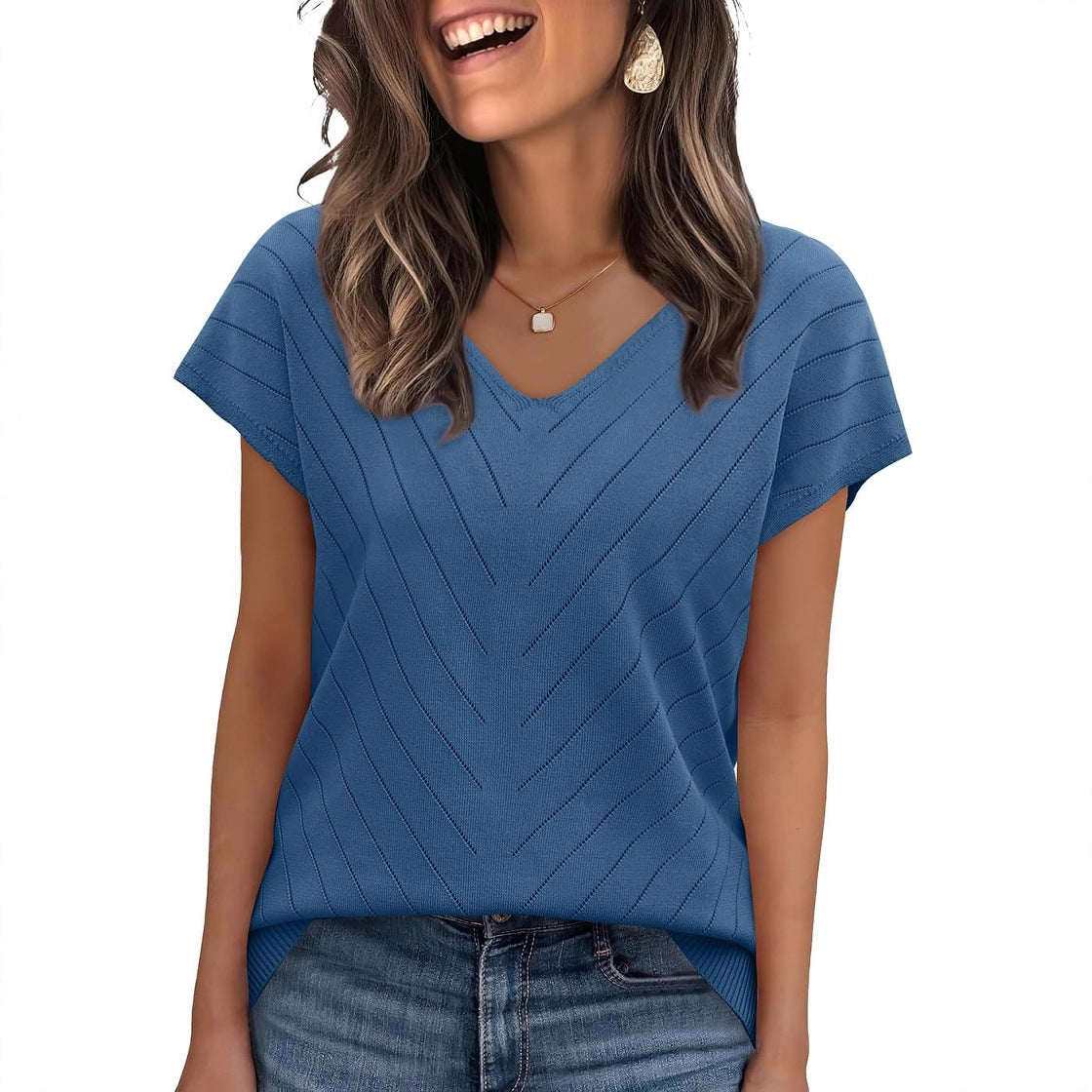 Women’s V-Neck Cutout Knit Sweater – Lightweight Elegant Pullover