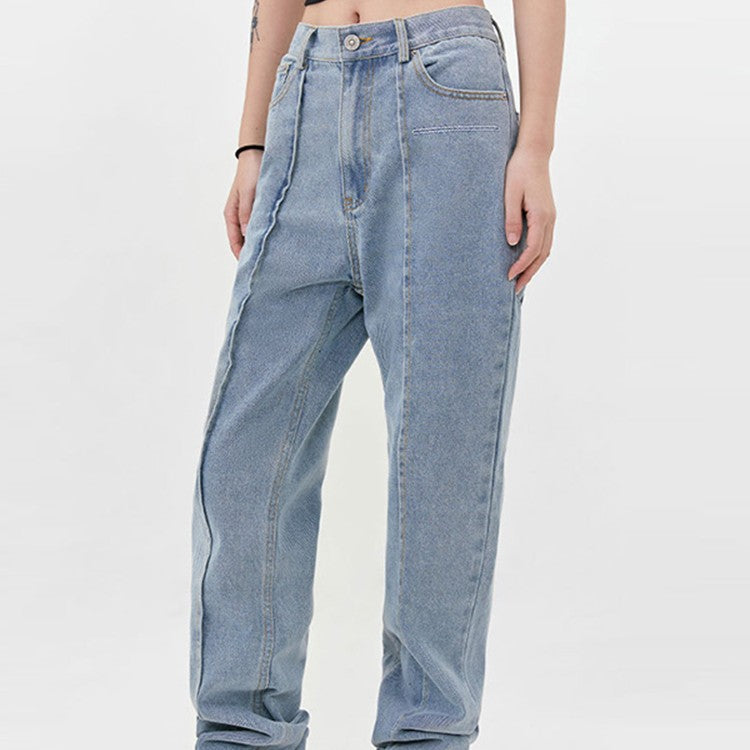 Women’s Deconstructed Straight Jeans – Cotton Denim Zipper Fly Casual Pants