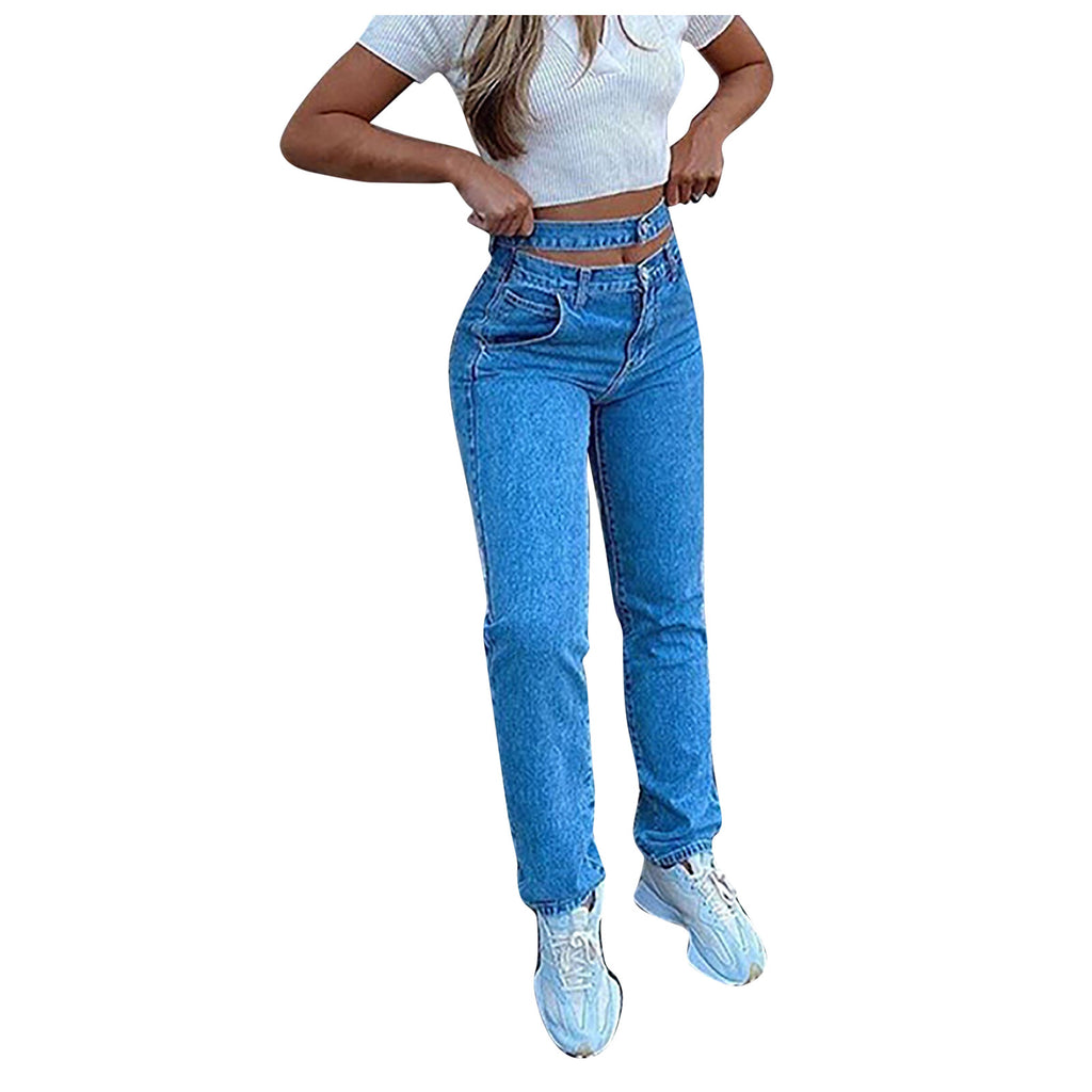 Women’s High-Waist Washed Blue Jeans – Classic Long Denim
