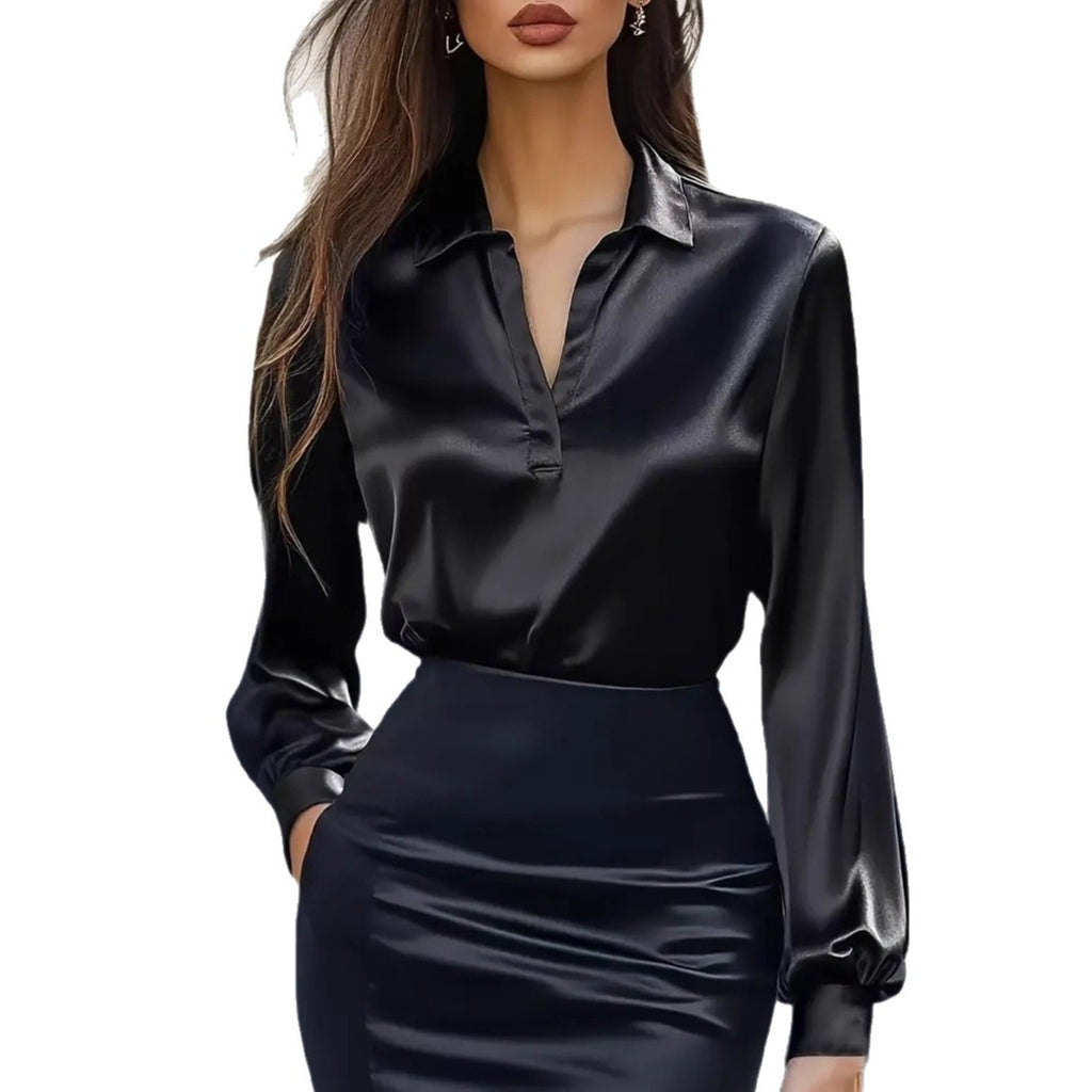 Women’s Satin V-Neck Blouse – Elegant Long Sleeve Office Shirt