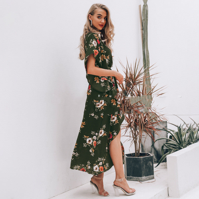 Women’s Printed Maxi Dress with Side Slit – Ruffle Detail Flowing Dress