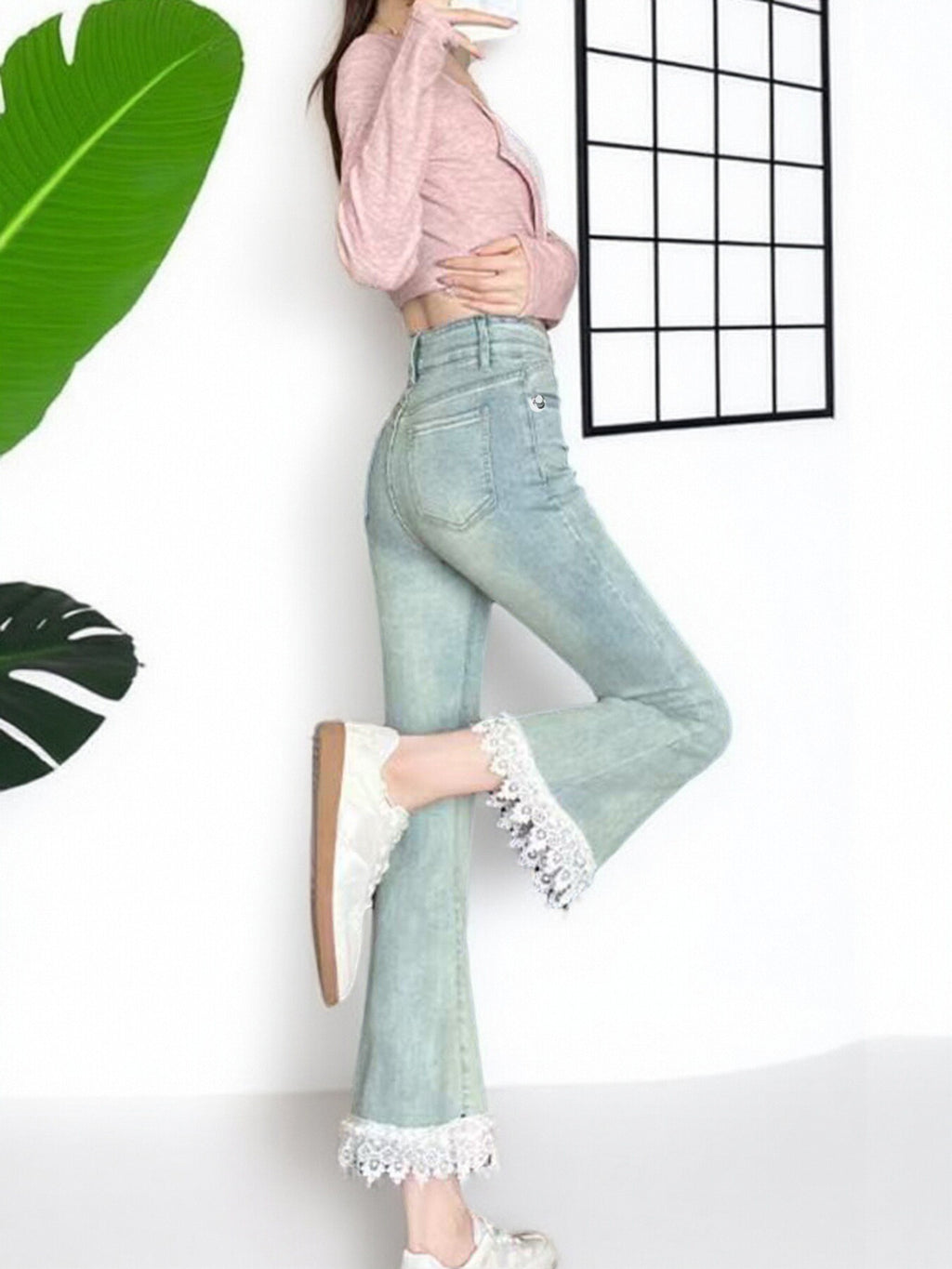 Women’s Cropped Flared Jeans – Light Blue Lace-Up Elastic Waist Casual Denim Pants