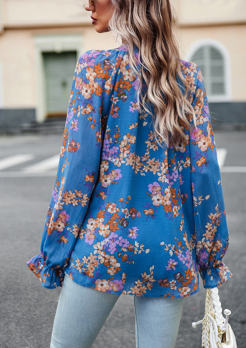 Women’s Floral V-Neck Chiffon Blouse – Casual Elegant Long Sleeve Loose Top