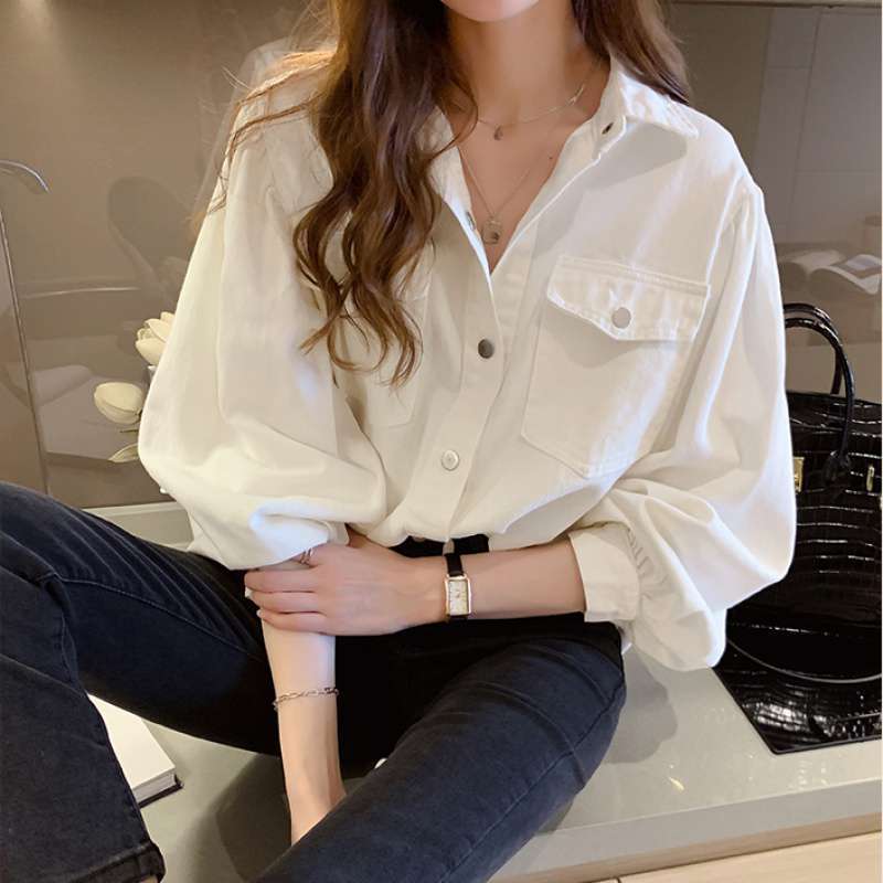 Women’s Korean Style Long Sleeve Blouse – Casual Polo Collar Pocket Shirt