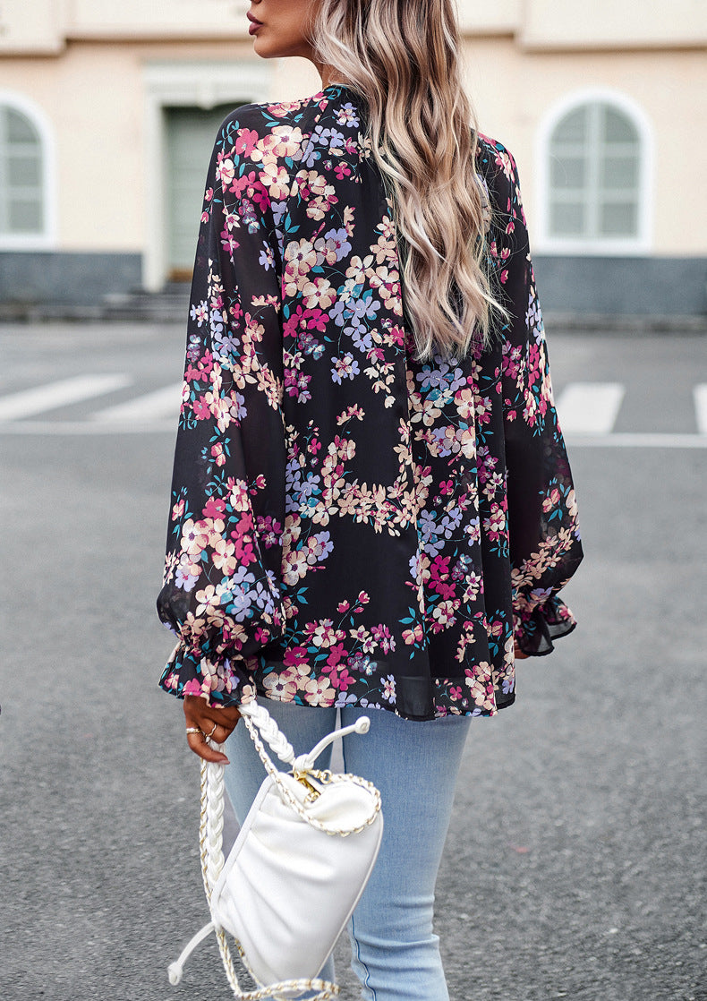 Women’s Floral V-Neck Chiffon Blouse – Casual Elegant Long Sleeve Loose Top